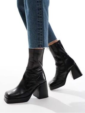 ASOS Design Rover heeled platform leather boots in black